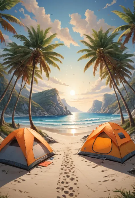 Symmetry, beach, camping, (best quality, masterpiece, Representative work, official art, Professional, high details, Ultra intricate detailed:1.3)