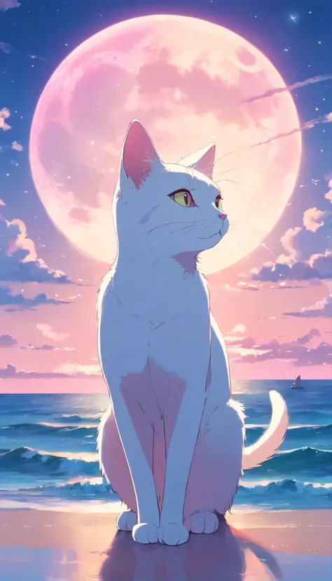 white cat、anime、moon、star、pink、race、pastel colored background、Fashionable、Ocean