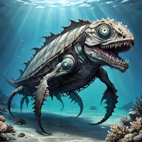 A creature that was recovered from a fossil. It uses the eyes on its back while hiding on the sea floor in unrealistic abomination art style