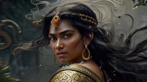 ultra-detailed, (photorealistic: 1.37), Caucasian woman, black hair flowing in the wind, warrior woman wielding various divine weapons, BATTLE AGAINST demons and zombies, gold ornaments, pearls and precious stones, Supreme Goddess, smoke and dust, epic atm...