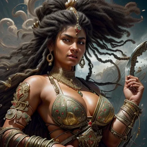 ultra-detailed, (photorealistic: 1.37), Caucasian woman, large breasts, black hair flowing in the wind, warrior woman wielding various divine weapons, BATTLE AGAINST demons and zombies, gold ornaments, pearls and precious stones, Supreme Goddess, smoke and...