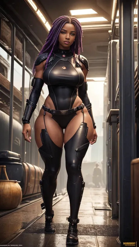 An hyper gorgeous cyberpunk senegalese goddess lady, curvy, modest (not sensual), muscular (ripped lean feminine physique with beautiful large feminine muscles), sexy, 30 years old, detailed soft adorable face, long medium length hair (cyberpunk dark hairs...