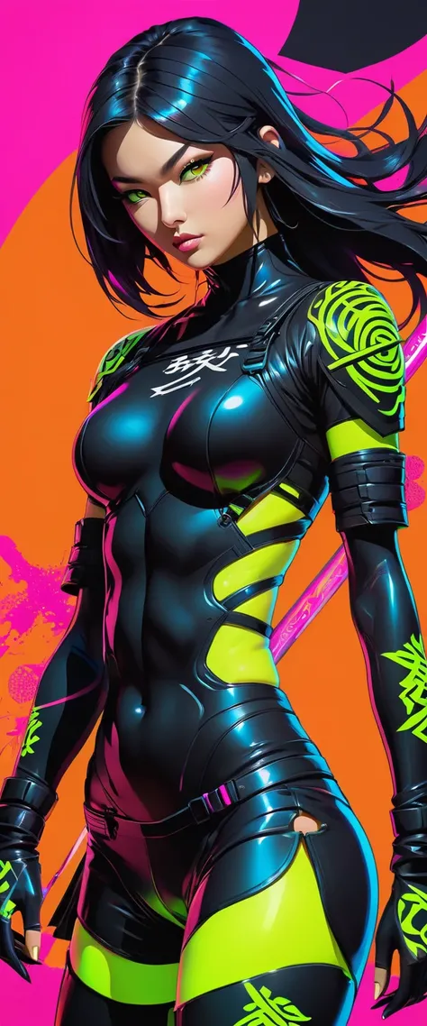 close full body infp complex ninja with weapon(perfect anatomy), Beautiful firm round busts, perfect busts, full Body neon  paint with neon pop designs drawn directly all over the body, random shapes,bold medium, neon Pop Art Design, Cutting-edge fashion, ...