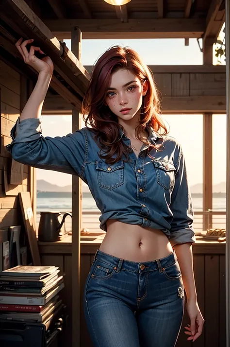 Generate an image depicting a red-haired woman with freckles and blue eyes in a cowboy aesthetic, en utilisant une perspective de tir de cow-boy. Détaillez sa tenue avec une chemise à carreaux nouée pour exposer une partie de son ventre, complemented by de...