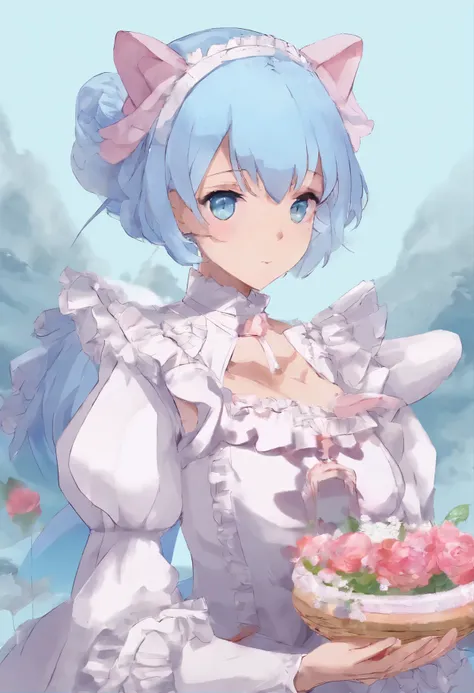 Beautiful girl from the anime re:zero no life, girl with light blue hair, wearing maids clothes, short light blue hair, holding pink panthers cock