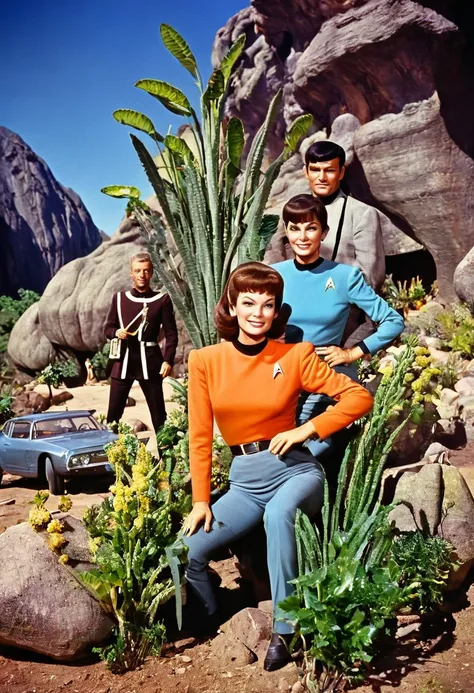 Crew of an old starship from a 1960s TV series on a rustic, picturesque planet, lost in space, with scenic plants and rocks, republic series, Programa de TV de Irwin Allen, Science fiction, Uniformes de acampamento coloridos estilo Star Trek e Lost in Spac...