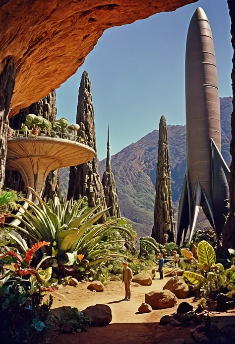 Crew of an old starship from a 1960s TV series on a rustic, picturesque planet, lost in space, with scenic plants and rocks, republic series, Programa de TV de Irwin Allen, Science fiction, Uniformes de acampamento coloridos estilo Star Trek e Lost in Spac...