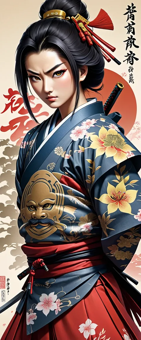 authentic illustrated Washipaper close full body infp complex Oda Nobunaga add weapon(perfect anatomy), Beautiful firm round busts, perfect busts, authentic tattoo designs drawn directly all over the body, bold medium, authentic samurai Art Design, Cutting...