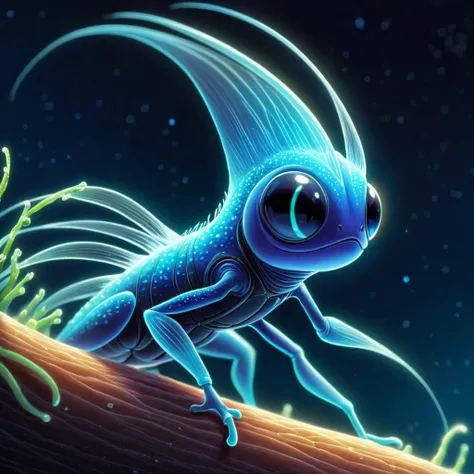 When viewed through a microscope, this creatures short, fine, delicate hair can be seen in pixar bioluminescence art style