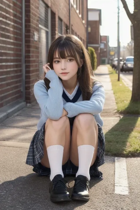 tartan check miniskirt、white socks,White V-neck sweater、 Fine and beautiful skin, skin texture, Curled semi-long, Medium chest, gentle eyes、The gesture of facing forward and fixing your socks、high school girl、Full body cut down to the feet