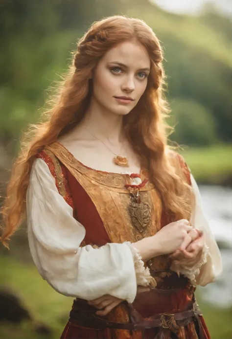 (((Uma divindade de amor medieval))) pele clara, mulher em torno de 24 anos, cabelo laranja, olhos lue distintos, usando um vestido branco sexy medieval com detalhes dourados, esguio e gracioso, lindo, Ultra Sharp Focus, foto realista, mulher medieval, tet...