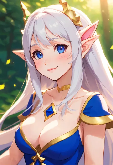 1 sex Elf Girl, Huge Breasts, big elf ears, royal blue stone crown on your head, glowing skin, scarlet red eyes, long white hair, bangs, pink lipstick, white casual tight dress, Girl looking at viewer, blushing cheeks, mischievous smile 