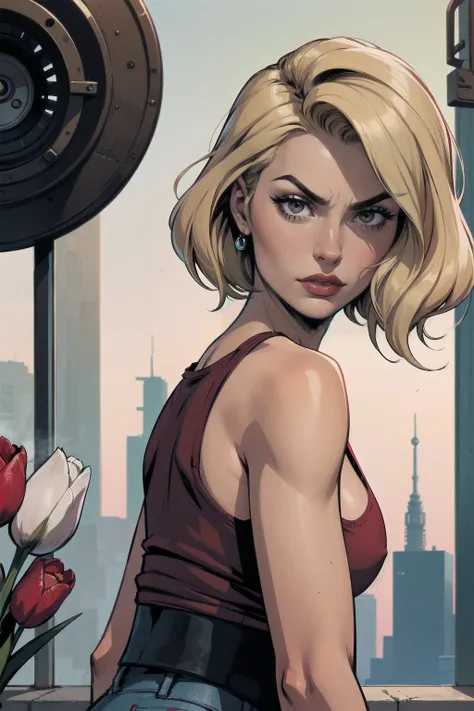 a woman with short blond hair, hair on shoulders,  wearing a red tank top, small breasts  and jeans, brown  eyes, wife of preacher, tulip ohare, toon aesthetic, wearing red lipstick,  look like tulip ohare (comics) (preacher) (vertigo), smoking, pointing a...