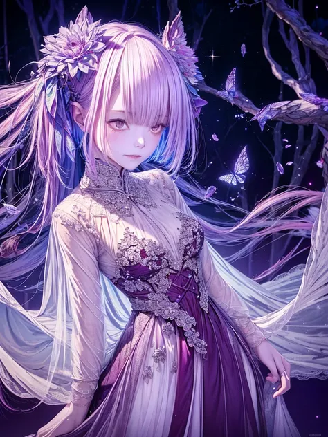 In a realm of enchantment, within a magical forest, a mystical fairy girl emerges, a radiant being adorned in gossamer threads of moonlight. Her dress, woven from petals and stardust, shimmers with an iridescent glow, reflecting the celestial canopy above....