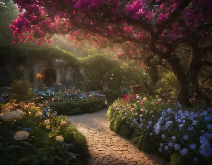 fantasy garden, vibrant flowers, blooming colors, lush greenery, enchanting atmosphere, magical vibes, whimsical elements, intricate details, immersive experience, breathtaking scenery, dream-like setting, surreal beauty, vibrant petals, delicate textures,...