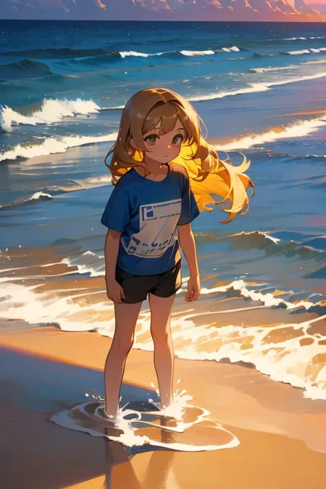 a cute 7 year old church girl named Mia, brownish blonde hair, long wavy hair, short sleeved blue wish week tshirt, shorts, on a sandy beach, sunset, standing in the water, slight smile