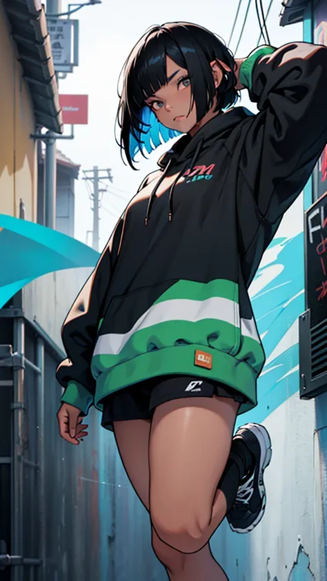 oversized hoodie, looking here, splash art, jumping up and down, girl, One person, colored inner hair, black hair, bob cut, anime, UHD, textured skin, high details, best quality, highres, 8k