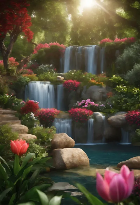 A fantasy garden with several flowers, a mesmerizing waterfall, and a beautifully crafted bench. The (best quality, 8k) image showcases the masterpiece of this garden, with ultra-detailed flowers and breathtaking visuals. The garden is filled with vibrant ...