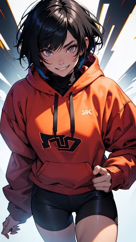 oversized hoodie, looking here, jumping up and down, girl, One person, colored inner hair, black hair, bob cut, light smile, skin fang, scratch art, anime, UHD, textured skin, high details, best quality, highres, 8k