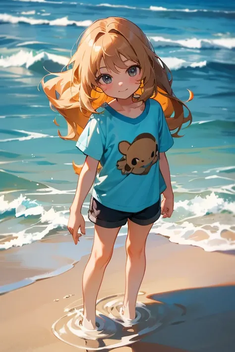 a cute 5 year old church girl named Mia, brownish blonde hair, long wavy hair, short sleeved blue wish week tshirt, shorts, on a sandy beach, sunset, standing in the water, slight smile