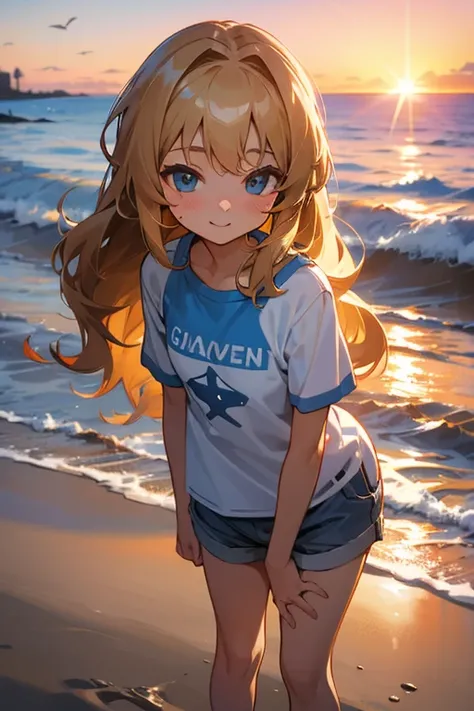 a cute 5 year old church girl named Mia, brownish blonde hair, long wavy hair, short sleeved blue wish week tshirt, shorts, on a sandy beach, sunset, standing in the water, slight smile