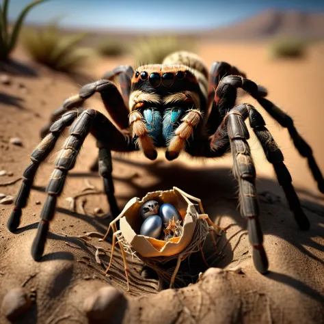 Photo winner of the Wildlife Photographer of the Year awards A Big tarantula goes to the nest with a lone lark chick., perfect composition, beautiful detailed intricate insanely detailed octane render trending on artstation, 8 k artistic photography, photo...