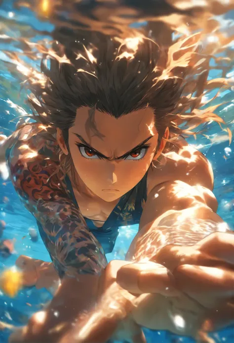 foreshortening,  depth of field, masterpiece, best quality, yakuza, brown hair, brown eyes,  long hair, underwater, air bubble, solo, looking at viewer, school swimsuit, swimming,  dappled sunlight,