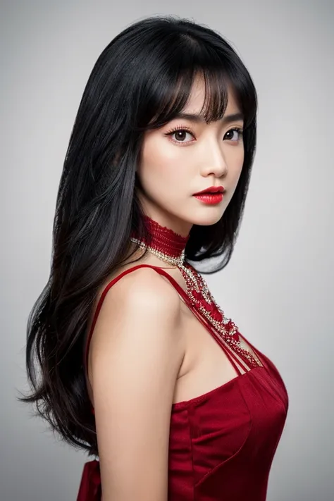 bondage、Strong looking woman、long black hair、choker、red lip、not illustration