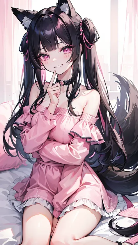 (8k、Highest image quality、best quality、masterpiece)、Detailed face、Fox ears 1 girl、black hair、long hair、Double tail、blunt bangs、pink eyes、smile、((Grinning))、pink clothes、decorate、((Off the shoulders))、black miniskirt、Cowboy shooting、sitting on bed