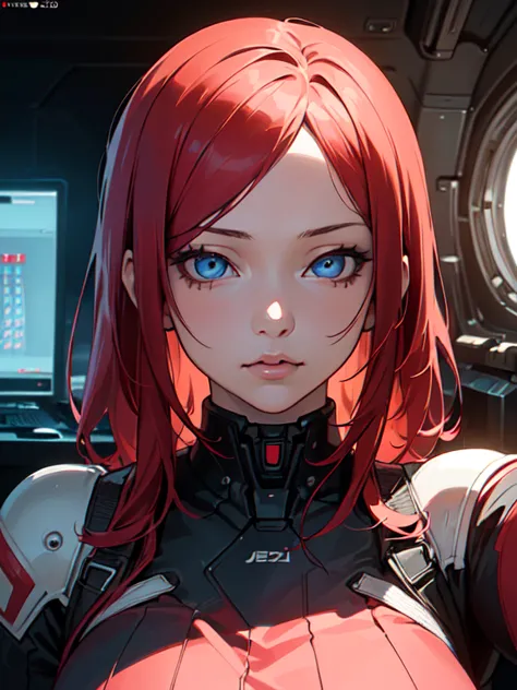 (Photo:1.3) from (ultra detailed:1) 1 girl, solo Photo from young girl (red hair, blue eyes, red sundress with white inserts) Working with a computer, anime, very detailed, On board a spaceship, cyberpunk, dark background, light background traces, large sc...