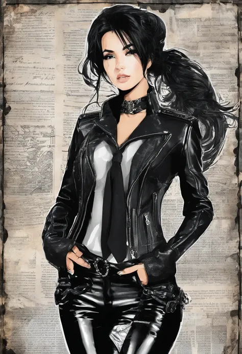 black leather gloves　Black Leather Riders Jacket　Black leather skinny pants　black leather long boots　black hair ponytail　young japan　Black Leather Neck Corset