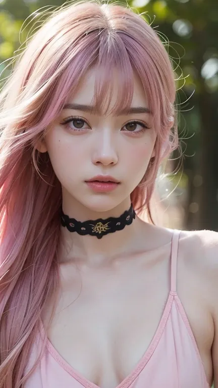 (long hair, bangs, pink hair:1.2),(Put on a choker:1.2),1 girl,Japanese,21 years old,(small breasts:1.3),(highest quality,masterpiece:1.3,超A high resolution,),(super detailed,caustics),(Photoreal:1.4,RAW shooting,)ultra-realistic capture,very detailed,High...