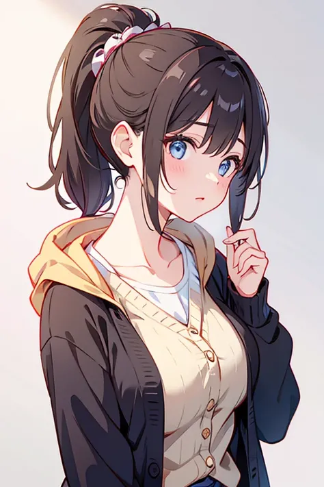 A rich girl from Hokkaido wearing a cardigan，ponytail, big breasts