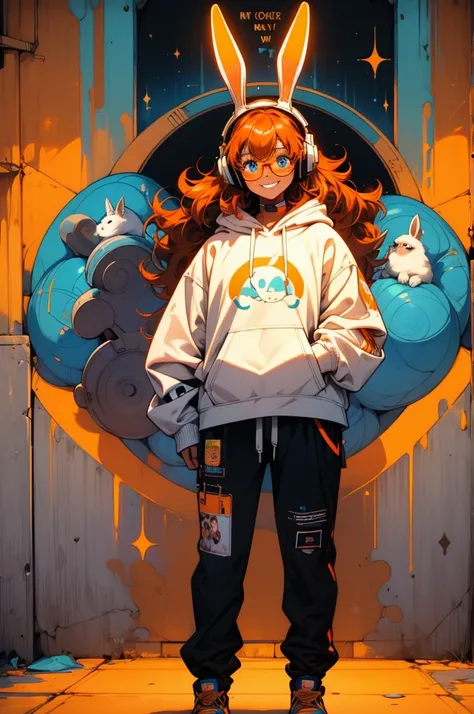 Female programmer with a big smile, white rabbit ears, neon hoodie with a white rabbit in an orange circle in it, brown long curly hair, iceblue eyes, standing in front of a graffiti-covered wall. cosmic theme. headphones around neck, gold framed boxy glas...