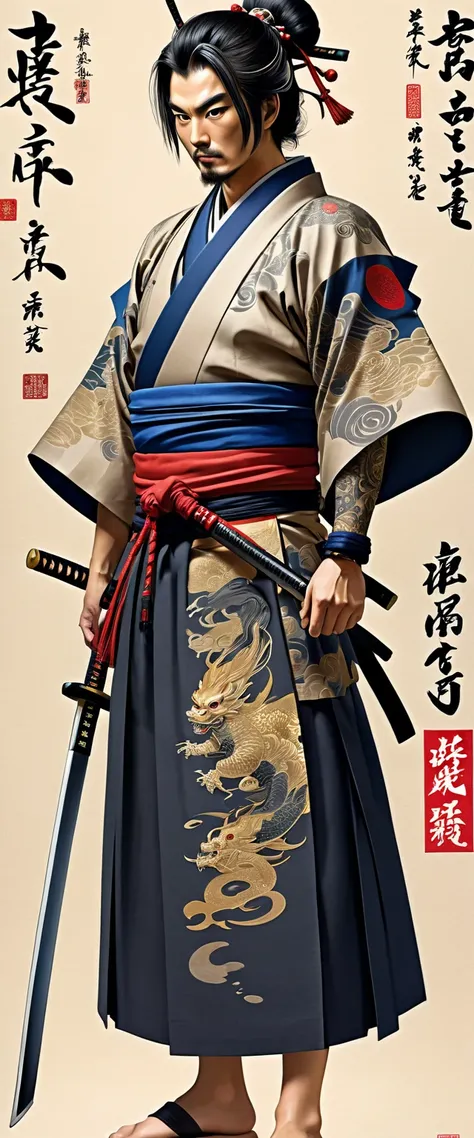 authentic illustrated Washipaper close full body infp complex evil Kusunoki Masashige add weapon(perfect anatomy), Beautiful firm round busts, perfect busts, authentic tattoo designs drawn directly all over the body, bold medium, authentic samurai Art Desi...