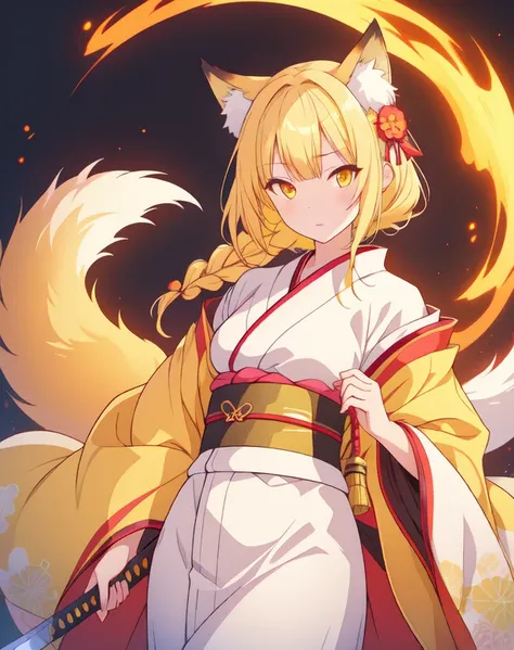 kitsune girl, blonde hair, Bangs for one eye, yellow eyes, Kimono, katana.