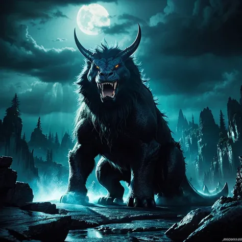 a giant creature,rare majestic sight,dark and mysterious,best quality,ultra-detailed,shadowy figure,immense size,powerful presence,monstrous strength,otherworldly appearance,dense fur,sharp and gleaming teeth,fierce and intimidating eyes,ominous atmosphere...