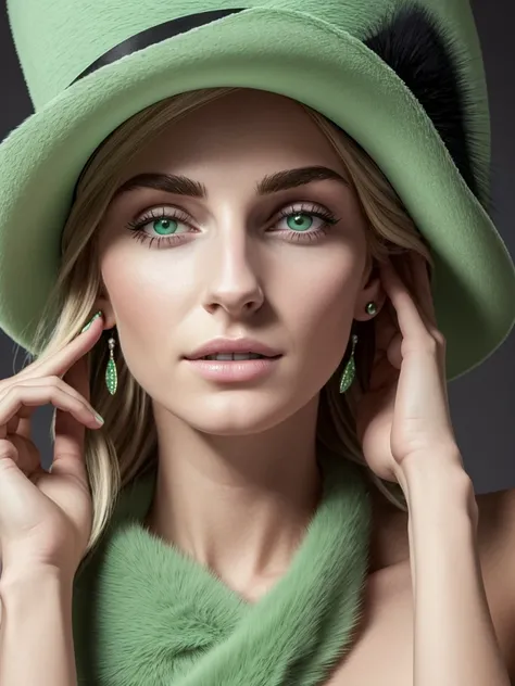 a close up of a woman wearing a Light Green hat and earrings, sleek dark fur, Light Green Fur, Russian style, very beautiful fur, fine fur, Dasha Taran, dark fur, Fur details, top hat, Anastasia Ovchinnikova, Light Green hat, synthetic fur, Elena Belova, w...