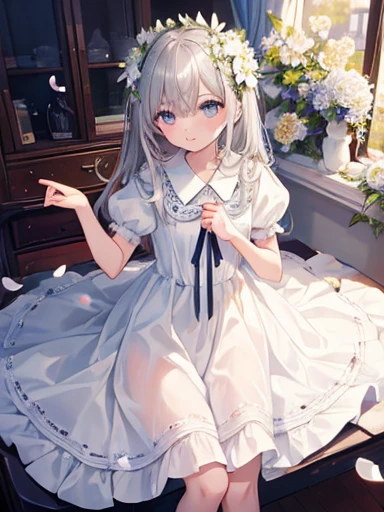 (masterpiece, highest quality:1.6), white lace dress, cowboy shot, thighs, beautiful girl, (flowers, lots of small white petals:1.3),, official art, RAWphotograph, incredibly absurd, face light, dynamic lighting, cinematic lighting, surreal, High resolutio...