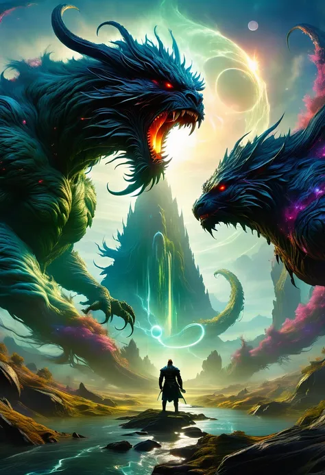 A man stands in front of a huge monster，Two people passed by，Elden Ring Monster，Latter-day monster，Big titan creature in the center，Giant Creature被雾气环绕包围，The feeling of looming，Inspired by Aleksi Briclot，giant fantasy creatures，fantasy and cosmic horror，di...