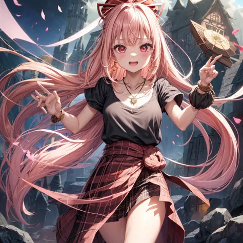 pink blonde、red eyes、one good looking girl、solo、anime、plaid mini skirt、black camisole、black t-shirt、dress、wearing a ribbon、ribbon at waist、cloak、hood、stone slabs are piled up、crystal earrings、monster castle、jewelry necklace、Light and shadow、walking、clock、u...