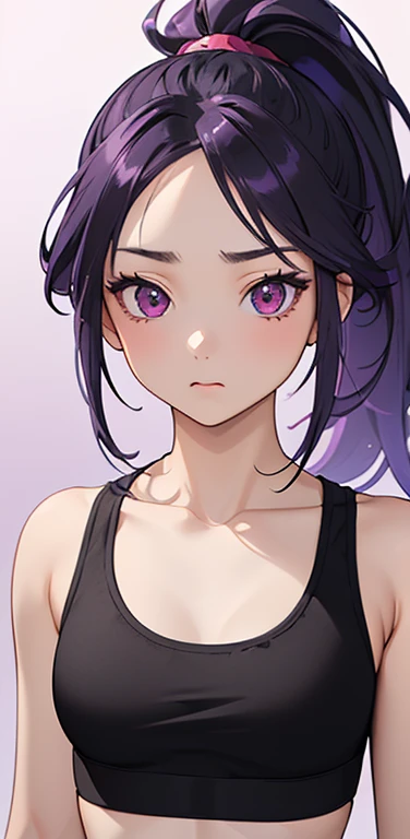 (8K、highest quality、masterpiece:1.2)、anime coloring、super resolution、Realistic、(1girl)  、(purple gradient hair,ponytail)、long straight hair,(red eyes)、(forehead:1.2),(face focus,upper body),(black sports bra,black :1.3)、(clear face:1.3),(cute face)、,(small...