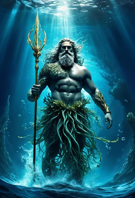 In the blue sea, where the water holds power and mystery, reigns Poseidon, the majestic ruler of the depths. His trident glows with bioluminescence and the underwater volcano explodes, causing waves of destruction. Poseidon, dressed in seaweed, reflects th...