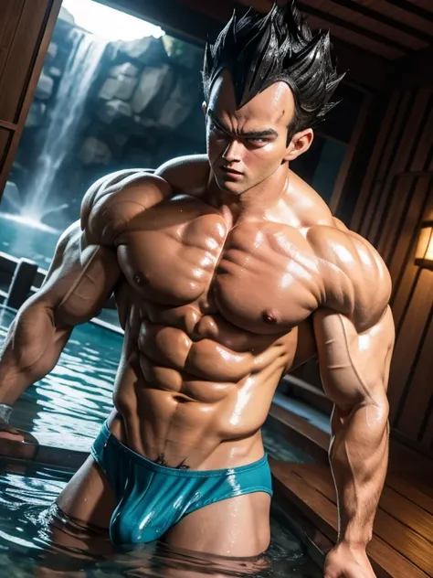 1boy, young handsome  boy with bodybuilder physique, vegeta,  (slim:1.4), huge muscles, muscular!!!, exaggerated musculatures, exaggerated muscular physique, wide shoulders, wearing sexy wet thongs, huge bulges, sexy, smirking, confident, mischievous, cute...