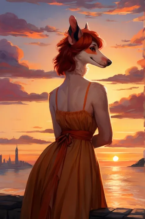 By bebebebebe, by lostgoose, by goonie-san, solo, female, (Virginia Oppossum), ((snout, hair)), sundress, standing on a hill overlooking a beachside city, Italy, ((beautiful sunrise brilliantly filling the sky with hues of red and orange)), facing viewer, ...