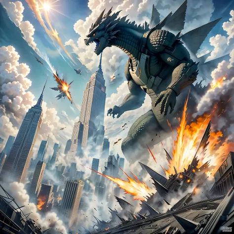 A thrilling cinematic poster featuring Godzilla in a dynamic pose, breathing fire while an F-14 fighter jet soars through the sky. The Empire State Building looms in the background, partially destroyed by the monster. The overall atmosphere is intense and ...