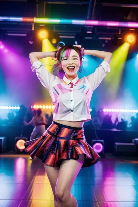 The prompt for the given theme "a girl, open legs, short skirt,perfect face,korean face,happy face,korean makup, short shirt, music" could be: "beautiful girl, confident expression, vibrant personality, dancing with open legs, wearing a stylish short skirt...