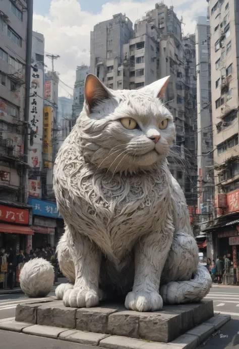 Giant cat in the city, by Mono Kubo, best quality, masterpiece, high details, Ultra intricate detailed