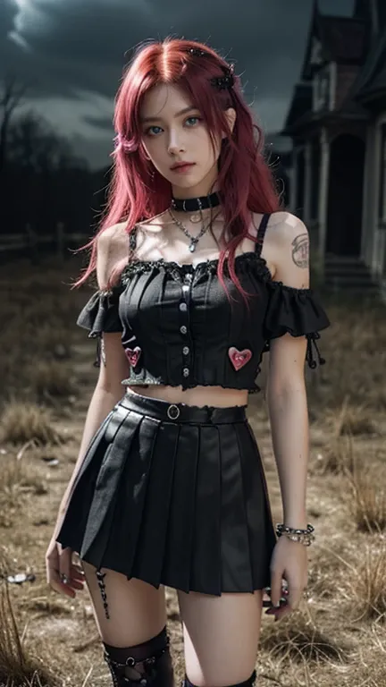 (Ultra-detailed eyes), (((textile shading))), (((Best Quality))), (((masutepiece))), (((Ultra-detailed CG))), sassy girl, (((magical ))), (), (tiny chest), red hair, red hair, red hair, red hair, Spooky Season In Punk hairstyle, ((messy hair,  gorgeous hai...