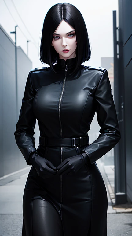 The woman, 48 years old, with a long black bob tousled, Tall stature, Adult face, pale skin, Strong make-up, dark shadows, Smokey, kblack eyes, black camouflage, black jacket, берцы, medic, black gloves, Plain background